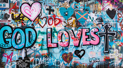 Naklejka premium Spray painted graffiti wall positive bold quote GOD Loves graf paint artist tag rainbow colorful cross pink blue city street art lord mural faith jesus christ religion church word background painting 