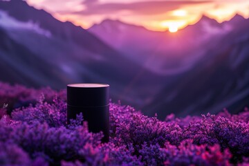 A clean black cosmetic box stands amidst wildflowers with a backdrop of snow-capped mountains under...