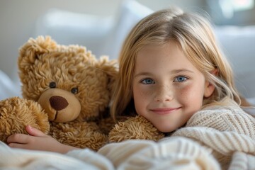 Calm young girl with teddy bear radiates peace in a softly lit bedroom setting