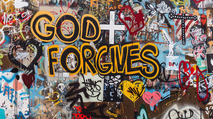Obraz premium Street art graffiti wall positive bold quote GOD Forgives spray painted graf paint artist tag colorful backdrop cross city lord mural faith jesus christ religion church word background painting 