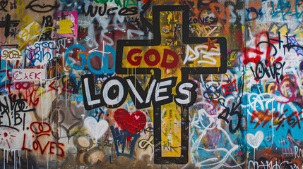 Spray painted graffiti wall positive bold quote GOD Loves graf paint artist tag rainbow colorful cross red yellow street art lord mural faith jesus christ religion church word background painting 