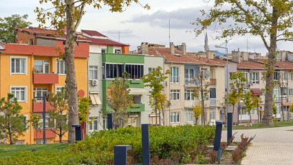 Row of Colourful Houses in Edirne Turkey Autumn Day
