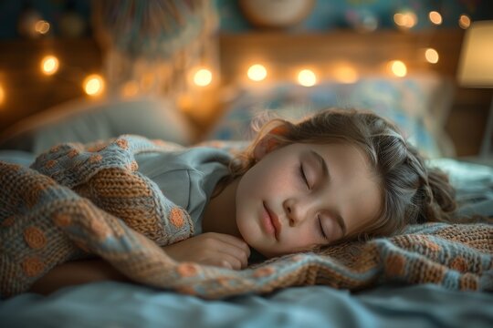 Relaxing image showcasing a young child taking a rest under a soft, warm knitted blanket augmented by a comforting surrounding of glowing lights