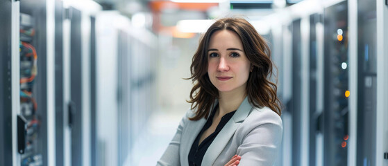 portrait of middle-aged businesswoman female with long brown hair working against the background of a bright and large server data center in charge as CTO company
