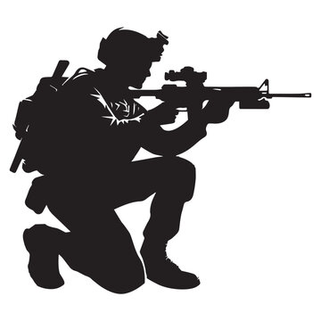 A soldier in a crouching position aiming a rifle with an emphasis vector illustration