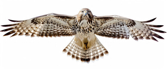 Fototapeta premium Majestic full body golden hawk eagle bird flying spreading its beautiful wings isolated on white background