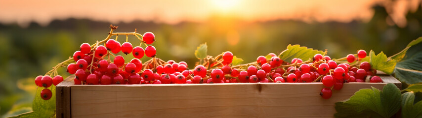 Red currant harvested in a wooden box in a farm with sunset. Natural organic fruit abundance. Agriculture, healthy and natural food concept. Horizontal composition, banner.