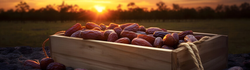 Dates harvested in a wooden box in a plantation with sunset. Natural organic fruit abundance. Agriculture, healthy and natural food concept. Horizontal composition, banner.
