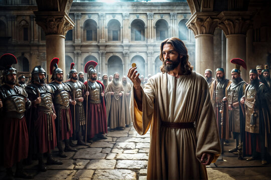 Jesus Holds Denarius Coin: Render to Caesar, Render to God