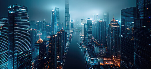 Overlooking the whole city architecture, X-ray style, light blue and white, black background. Aerial high view. Generative AI.