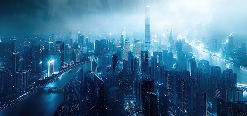 Overlooking the whole city architecture, X-ray style, light blue and white, black background. Aerial high view. Generative AI.