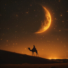 Islamic New Year and Eid Al-Adha theme with silhouette of person on camel against giant crescent moon at clear sunset in sahara desert