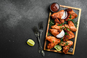 Fried chicken wings with onions and spices on a slate board. On a dark background. - 788118906