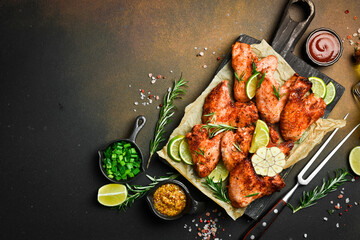Baked Buffalo chicken wings with onions and spices on a board. On a dark background. - 788118908