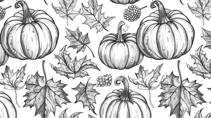 Seamless outlined pattern with engraved pumpkins