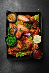 Grill menu, barbecue. Baked chicken wings in a metal tray. On a dark background.
