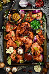 Grilled chicken on a metal tray. Barbecue. Traditional festive dish.