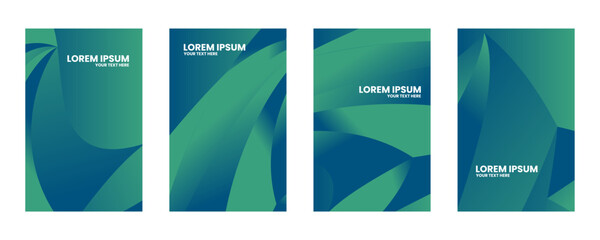 Three book covers with green and blue geometric shapes and white text.