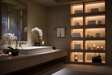 Fototapeta na wymiar Tranquil Vibes: Relaxing Spa Bathroom with Soft Lighting in Contemporary Style