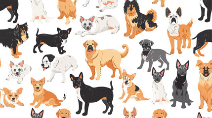 Seamless pattern with different dogs and puppies on white background  - obrazy, fototapety, plakaty