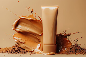 Mockup of blank brown tube with splashes of foundation on beige background. Concept and design for decorative women's face cosmetics