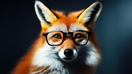 A fox with glasses. Close-up. Horizontal wallpaper for desktop on your computer