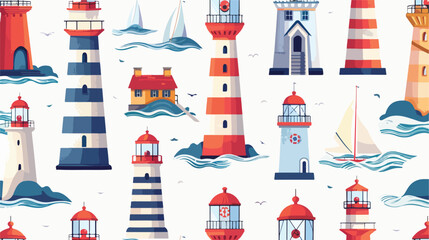 Seamless pattern with lighthouses of various types 
