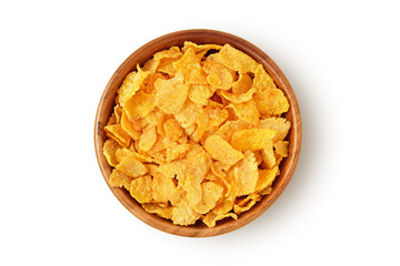 Corn flakes in wooden bowl on white background