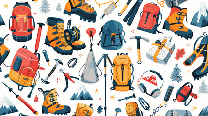 Seamless pattern with mountaineering and touristic eq - obrazy, fototapety, plakaty