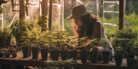 A woman repotting cannabis plants