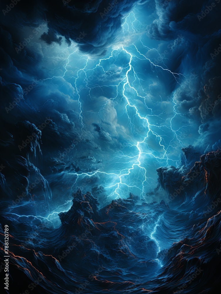 Poster Illuminate your space with striking paintings capturing the dynamic majesty of lightning bolts. Electrify your surroundings with the raw power and beauty of nature's fury, Generative AI.