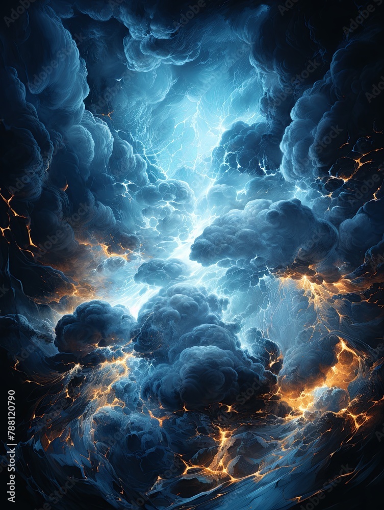 Poster Illuminate your space with striking paintings capturing the dynamic majesty of lightning bolts. Electrify your surroundings with the raw power and beauty of nature's fury, Generative AI.