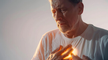 Sick middle aged man having breathing problems holding chest pain touching inflammation zone requires medical treatment on white background