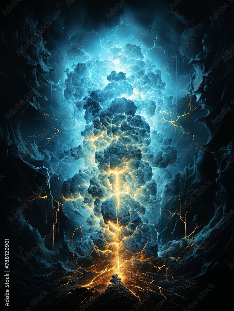 Poster Illuminate your space with striking paintings capturing the dynamic majesty of lightning bolts. Electrify your surroundings with the raw power and beauty of nature's fury, Generative AI.