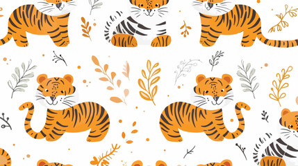 Seamless pattern with tigers white background. Repeat