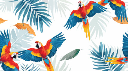 Seamless pattern with tropical parrots flying on white