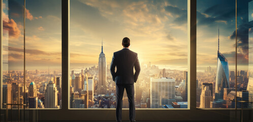 A businessman from behind looking over the skyline