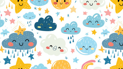Seamless weather pattern with cute faces of clouds