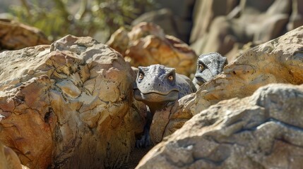 Shy argentinosaurus puppies peeking out from behind large boulders