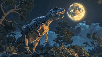 A young gorgosaurus learning to howl under the moonlight - obrazy, fototapety, plakaty