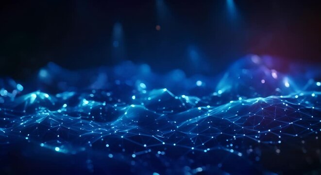 Abstract blue tech background with digital waves, Dynamic network system, Artificial neural connections, Technology background.	AI Footage.
