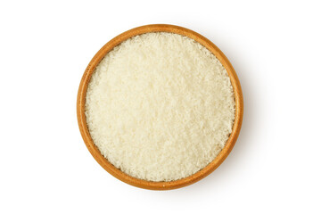 Fototapeta na wymiar Coconut flour in wooden bowl on white background