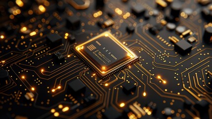A black and gold background with a chip as the theme, the side and surrounded by circuit windings. The digital technology style product display background has a futuristic feel. Generative AI.