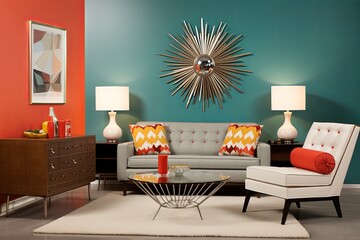 Starburst Mirror Splendor: Captivating 60s Living Room Designs
