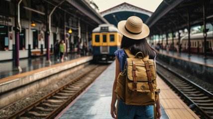 Young asian woman traveler with backpack in the railway,