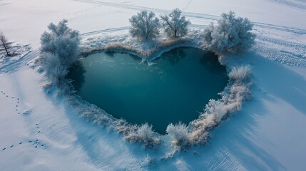 heart shaped pond in the winter with trees and snow around it. 