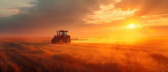 Fototapeta premium Sunset Symphony: Tractor's Dance Over Golden Fields. Concept Agricultural Machinery, Nature Photography, Rural Landscapes, Golden Hour, Sunset Scenes