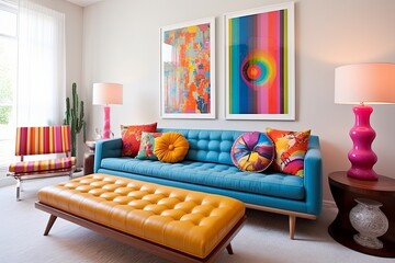 60s Retro Chic Living Room: Funky Art, Tufted Sofas, and Bright Cushions Haven