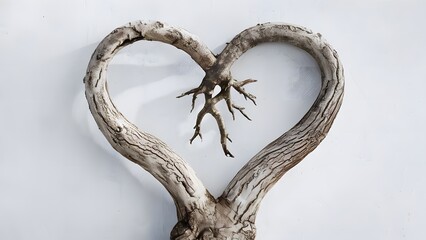 A stunning, intricate heart symbol meticulously crafted from twisted tree roots against a pristine white background. The roots form a delicate yet strong representation of the iconic symbol of love