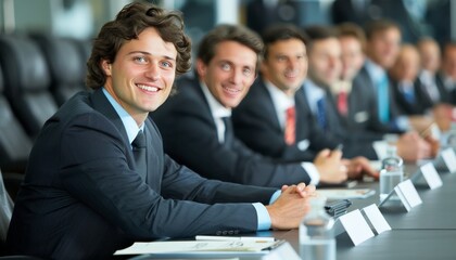 Cheerful young businessman in team meeting with blurred background and space for text